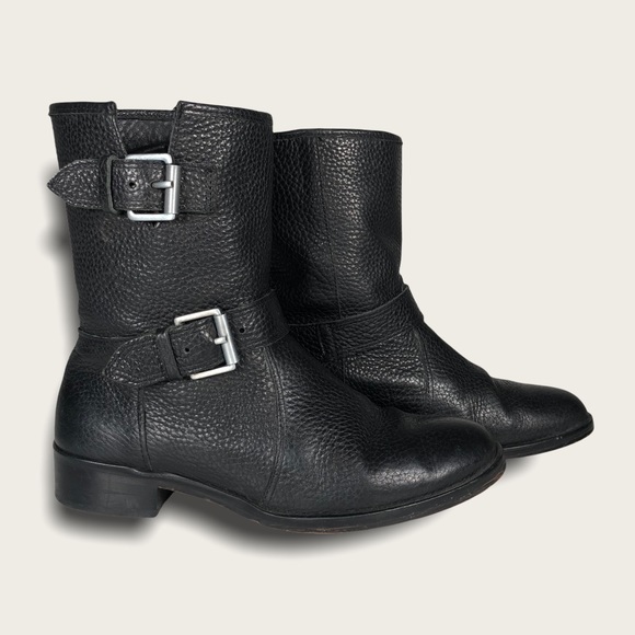 J. Crew Women's Black Pebble Leather Moto Boots Silver Buckles Low Heel 5.5 - Picture 2 of 10